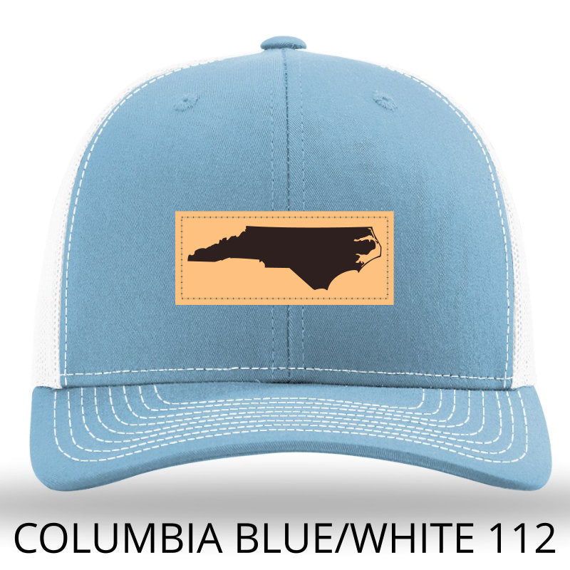 NC Outline Rectangle Leather Patch -Columbia Blue/White Richardson 112 Snapback Trucker Hat Lost Wando Outfitters