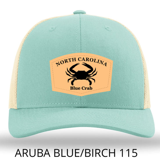 Load image into Gallery viewer, North Carolina Blue Crab Leather Patch Hat- Aruba Blue-Birch Richardson 115 Trucker Snapback - Lost Wando Outfitters
