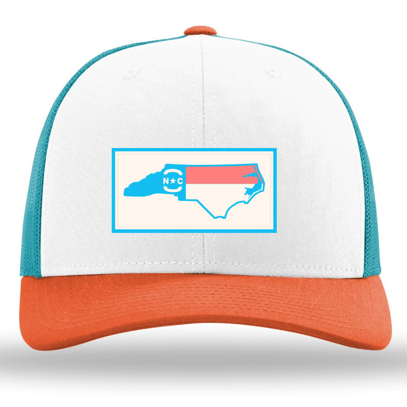 NC Outline Flag Pastel Color Patch White-Hawaiian Blue-Pale Orange Richardson 115 Snapback Trucker Hat Lost Wando Outfitters - Lost Wando Outfitters