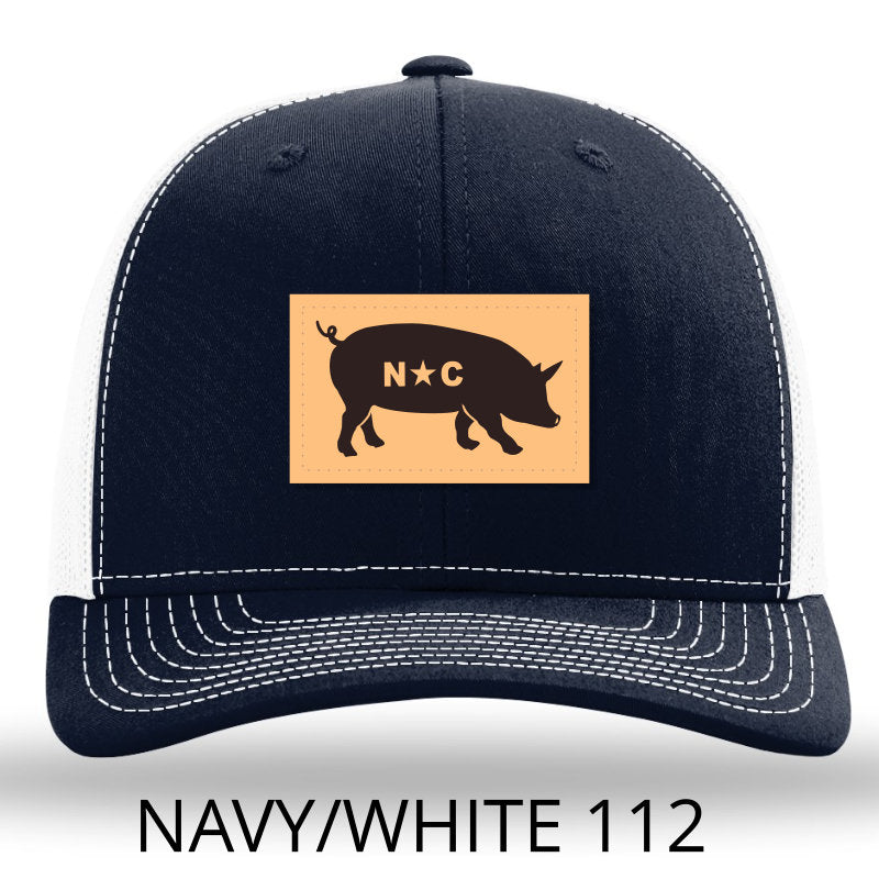 Load image into Gallery viewer, NC Pig Leather Patch Trucker Hat - Navy -White Richardson 112 Snapback - Lost Wando Outfitters - Lost Wando Outfitters
