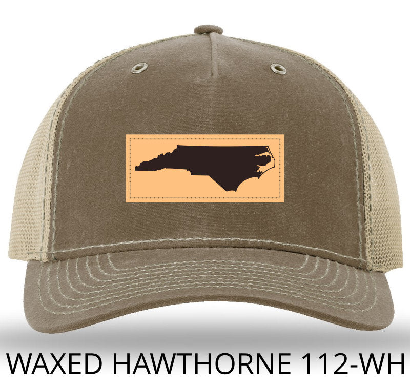 NC Outline Rectangle Leather Patch -Buck/Khaki Richardson 112WH Waxed Hawthorne Rugged Snapback Trucker Hat Lost Wando Outfitters
