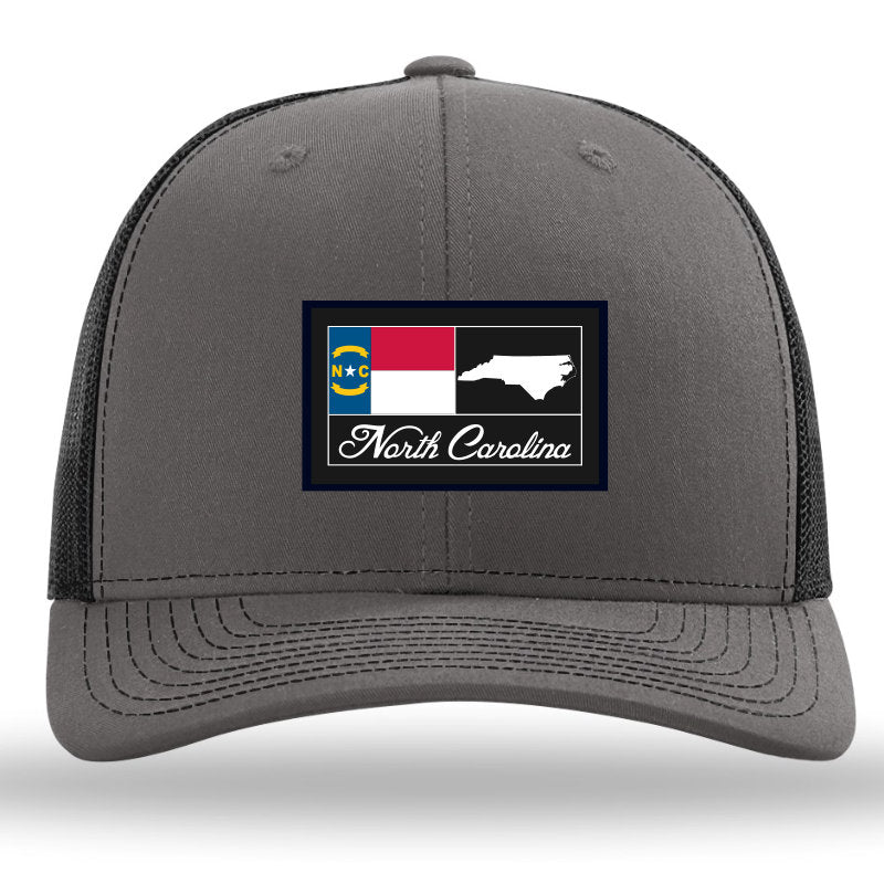 North Carolina Woven Patch Charcoal/Black Richardson 112 Snapback Trucker Hat- Lost Wando Outfitters