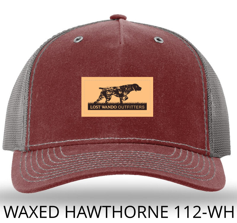 Pointer (GSP) Leather Patch Burnt Red/Charcoal Richardson 112WH Waxed Hawthorne Rugged Snapback Trucker Hat Lost Wando Outfitters