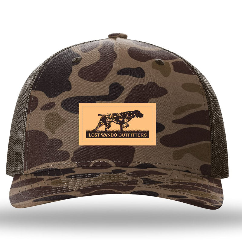 Pointer (GSP) Leather Patch Bark Duck-Brown Camo Richardson 112PFP Snapback Trucker Hat Lost Wando Outfitters - Lost Wando Outfitters