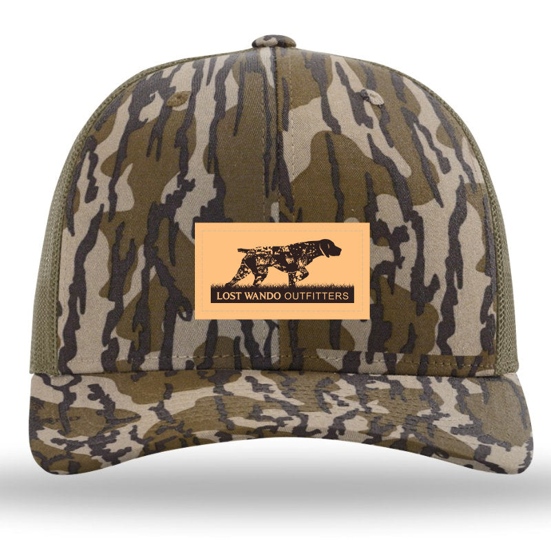 Pointer (GSP) Leather Patch MossyOak Bottomland/Loden Camo Richardson 112PFP Snapback Trucker Hat Lost Wando Outfitters
