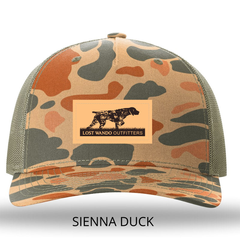 Pointer (GSP) Leather Patch Sienna Duck-Loden Camo Richardson 112PFP Snapback Trucker Hat Lost Wando Outfitters