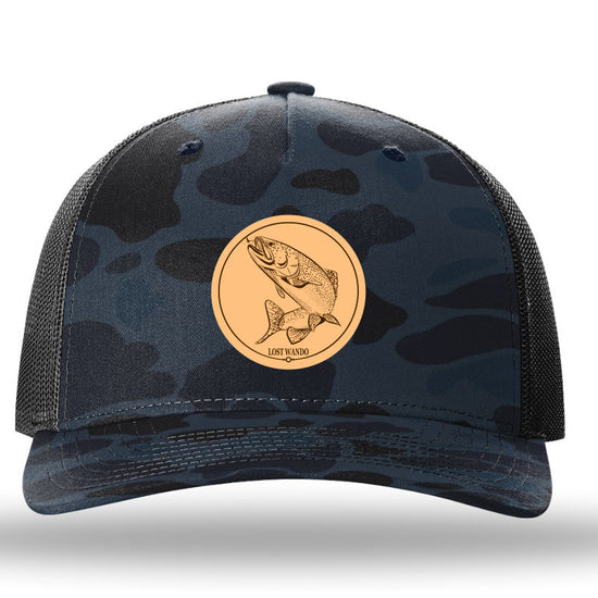 Rainbow Trout Admiral Duck Camo/Charcoal Leather Patch Richardson Sports 112PFP Trucker Snapback Hat Lost Wando Outfitters