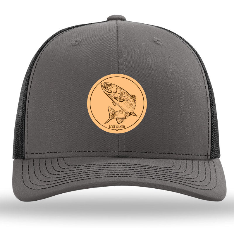 Rainbow Trout Charcoal/Black Leather Patch Richardson Sports 112 Trucker Snapback Hat Lost Wando Outfitters