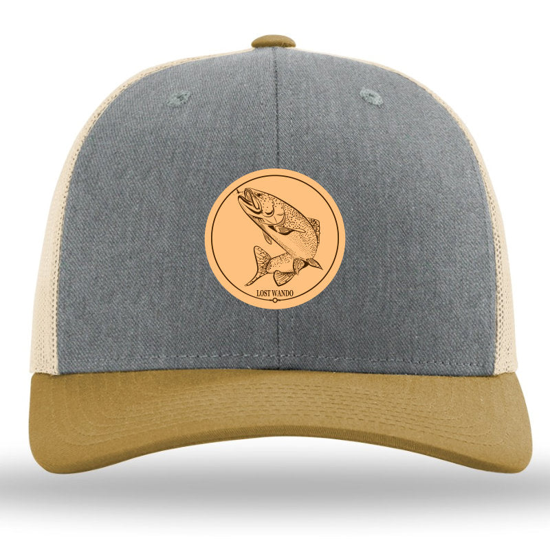 Rainbow Trout Heather Grey/Birch/Amber Gold Leather Patch Richardson Sports 115 Trucker Snapback Hat Lost Wando Outfitters