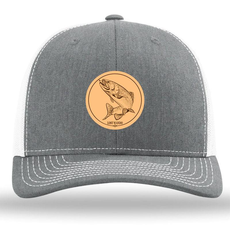 Rainbow Trout Heather Grey-White Leather Patch Richardson Sports 112 Trucker Snapback Hat Lost Wando Outfitters - Lost Wando Outfitters
