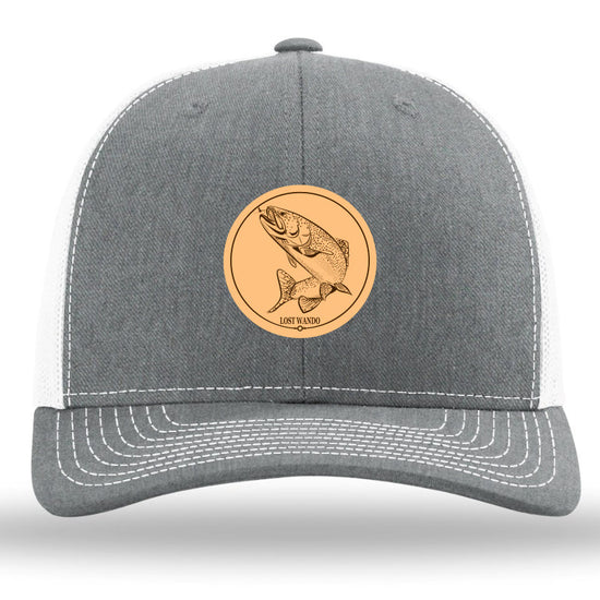 Rainbow Trout Heather Grey-White Leather Patch Richardson Sports 112 Trucker Snapback Hat Lost Wando Outfitters