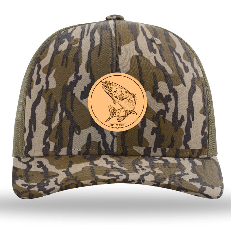 Rainbow Trout Mossy Oak Bottomland/Loden Leather Patch Richardson Sports 112PFP Trucker Snapback Hat Lost Wando Outfitters