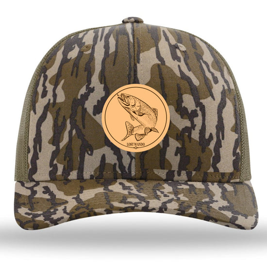 Rainbow Trout Mossy Oak Bottomland/Loden Leather Patch Richardson Sports 112PFP Trucker Snapback Hat Lost Wando Outfitters