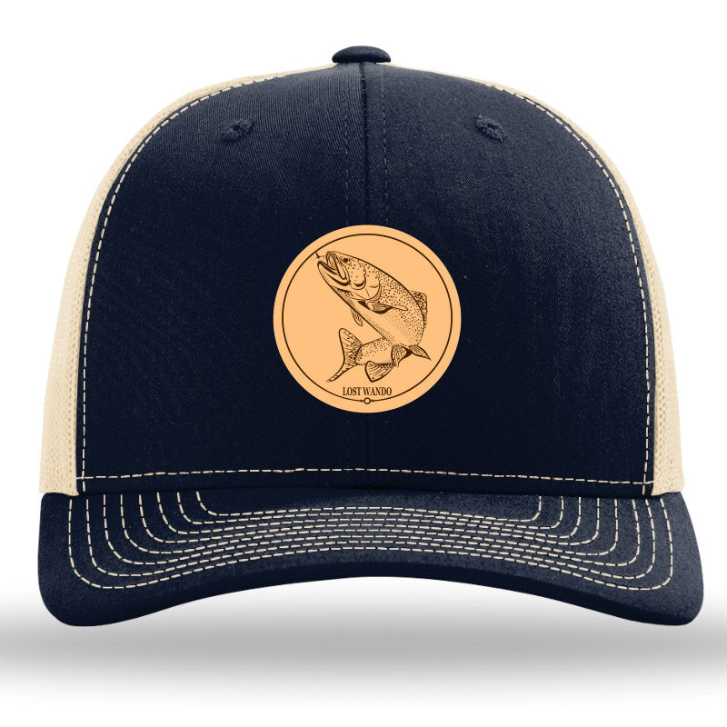 Rainbow Trout Navy/Khaki Leather Patch Richardson Sports 112 Trucker Snapback Hat Lost Wando Outfitters