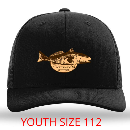 Red Drum Black-Black Leather Patch Richardson 112 Snapback YOUTH Trucker Hat Lost Wando Outfitters