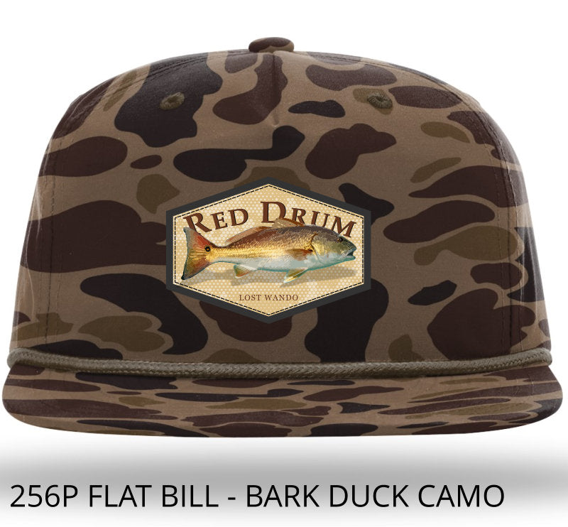 Red Drum Color Patch -Bark Duck Camo with Brown Braided Rope 256 Umpqua Flat Bill Richardson Hat Lost Wando Outfitters - Lost Wando Outfitters