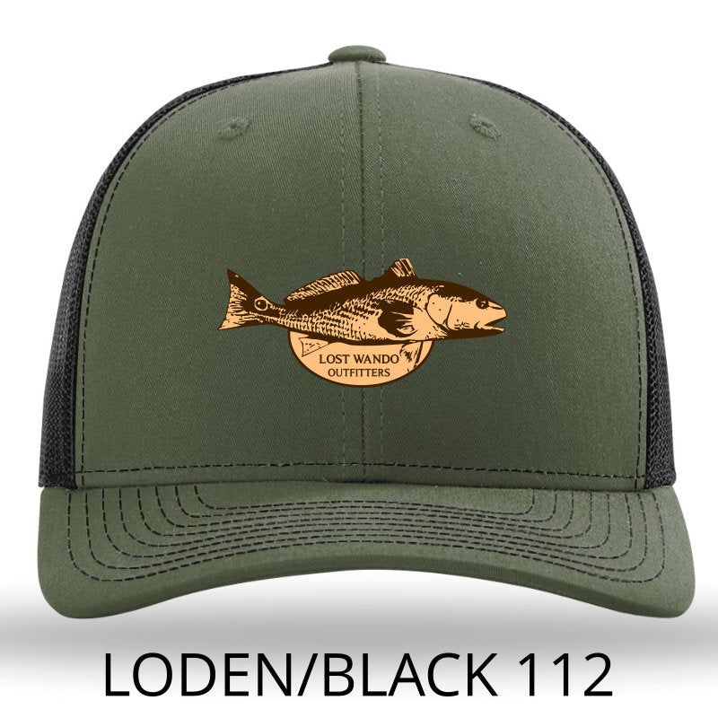 Red Drum Loden-Black Leather Patch Richardson 112 Snapback Trucker Hat Lost Wando Outfitters - Lost Wando Outfitters