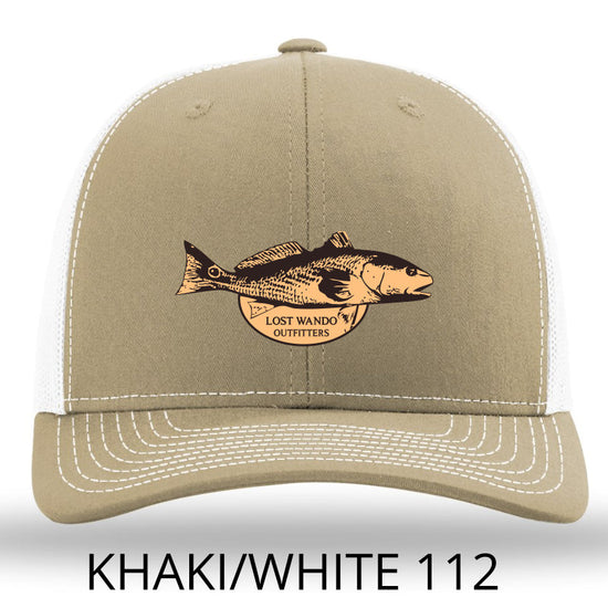 Red Drum Khaki-White Leather Patch Richardson 112 Snapback Trucker Hat Lost Wando Outfitters