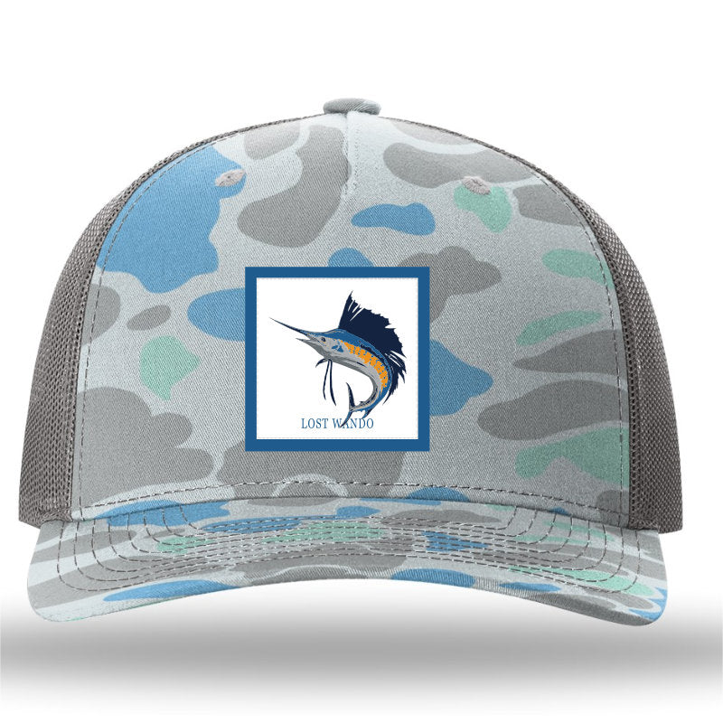 Sailfish Woven Patch Saltwater Duck Camo-Charcoal Richardson Sports 112PFP Trucker Snapback Lost Wando Outfitters