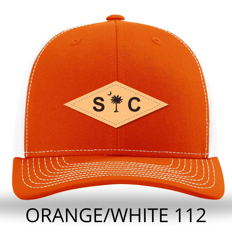 Load image into Gallery viewer, SC Diamond Palmetto-Moon Leather Patch Hat Orange-White Lost Wando - Lost Wando Outfitters
