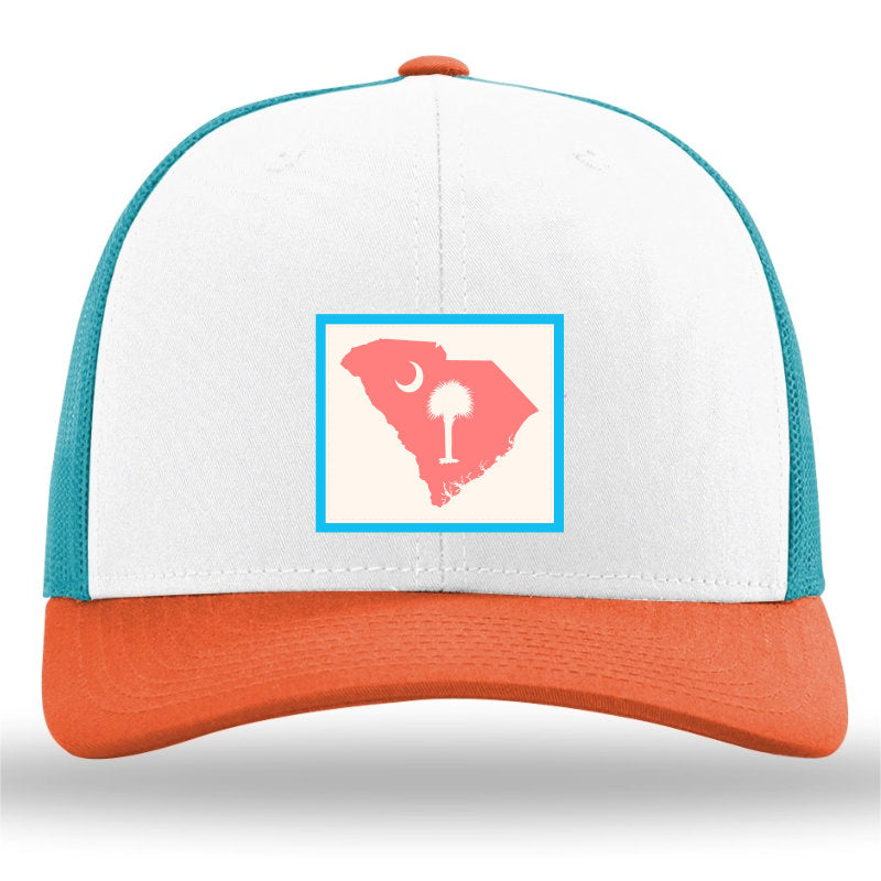 South Carolina Outline Pastel Color Patch- White-Hawiian Blue-Pale Orange- Richardson 115 Trucker Hat - Lost Wando Outfitters - Lost Wando Outfitters