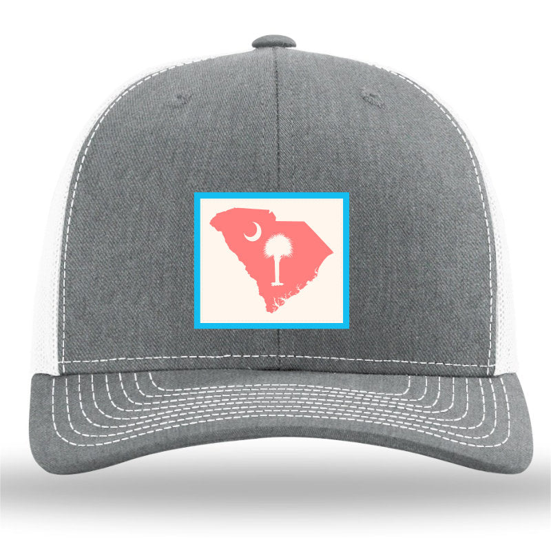 South Carolina Outline Pastel Color Patch- Heather Grey White- Richardson 112 Trucker Hat - Lost Wando Outfitters