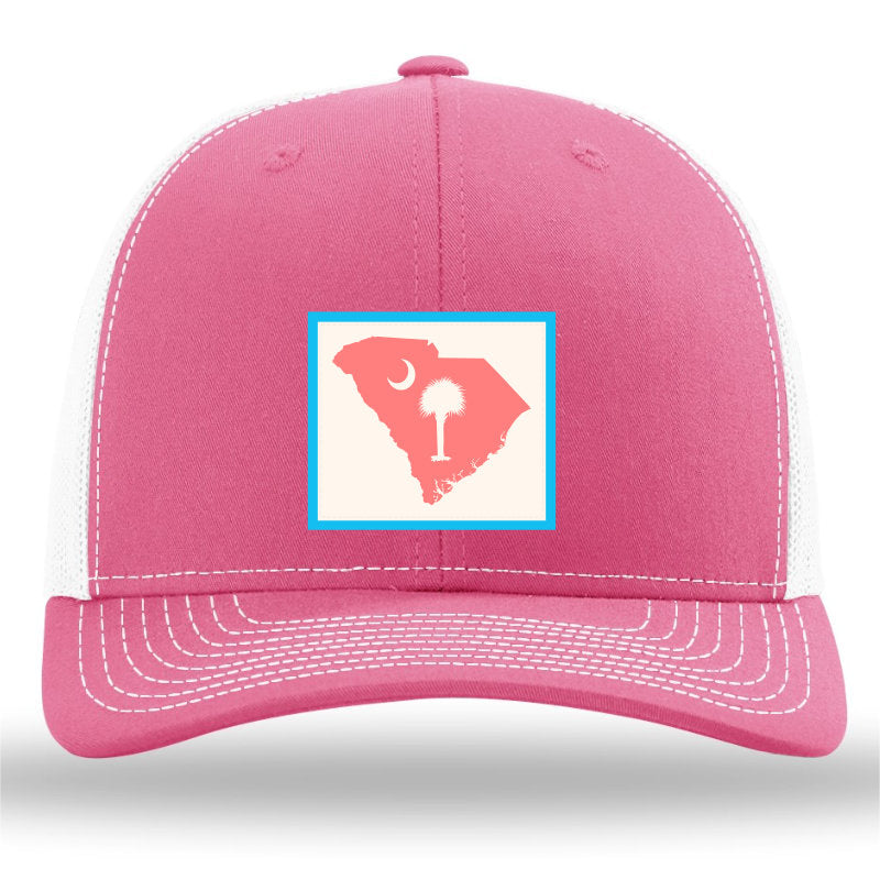 South Carolina Outline Pastel Color Patch- Pink-White- Richardson 112 Trucker Hat - Lost Wando Outfitters