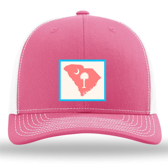 South Carolina Outline Pastel Color Patch- Pink-White- Richardson 112 Trucker Hat - Lost Wando Outfitters