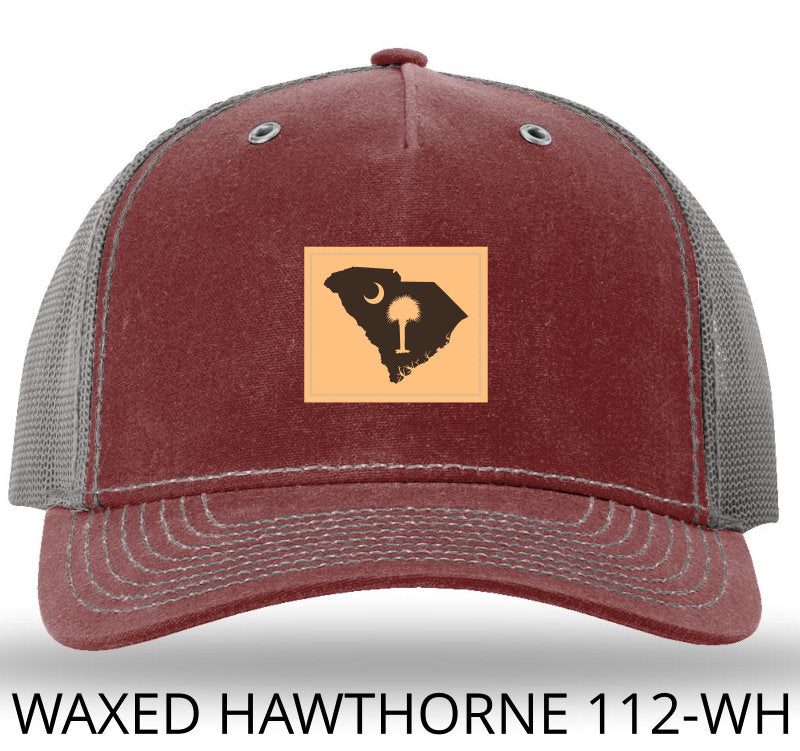 SC Outline Rectangle Leather Patch- Burnt Red/Charcoal Richardson 112WH Waxed Hawthorne Rugged Trucker Snapback Hat - Lost Wando Outfitters