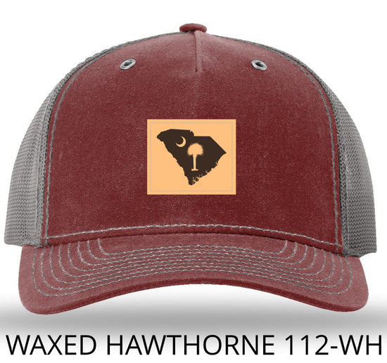 SC Outline Rectangle Leather Patch- Burnt Red/Charcoal Richardson 112WH Waxed Hawthorne Rugged Trucker Snapback Hat - Lost Wando Outfitters