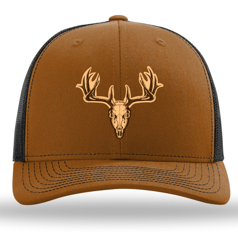 SKULLnHORNS- Leather Patch Hat - Caramel-Black Richardson Sports 112 Trucker Snapback Lost Wando Outfitters - Lost Wando Outfitters