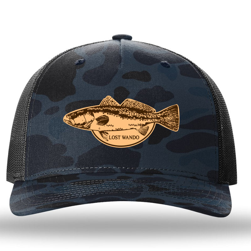 Speckled Trout Admiral Blue Camo/Charcoal Leather Patch Richardson Sports 112PFP Trucker Snapback Hat Lost Wando Outfitters - Lost Wando Outfitters