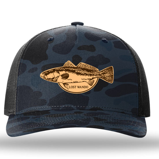 Speckled Trout Admiral Blue Camo/Charcoal Leather Patch Richardson Sports 112PFP Trucker Snapback Hat Lost Wando Outfitters