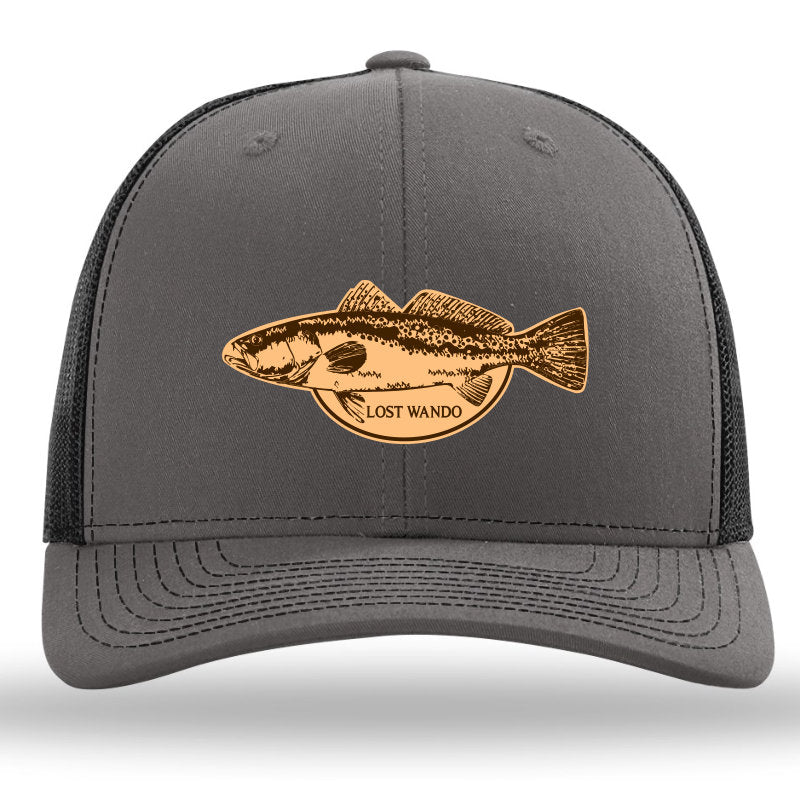 Speckled Trout Charcoal-Black Leather Patch Richardson Sports 112 Trucker Snapback Hat Lost Wando Outfitters - Lost Wando Outfitters