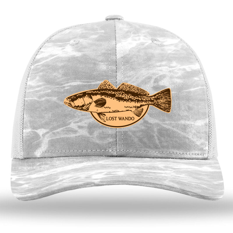 Speckled Trout Mossy Oaks Elements Bonefish-Light Grey Leather Patch Richardson Sports 112PFP Trucker Snapback Hat Lost Wando Outfitters - Lost Wando Outfitters