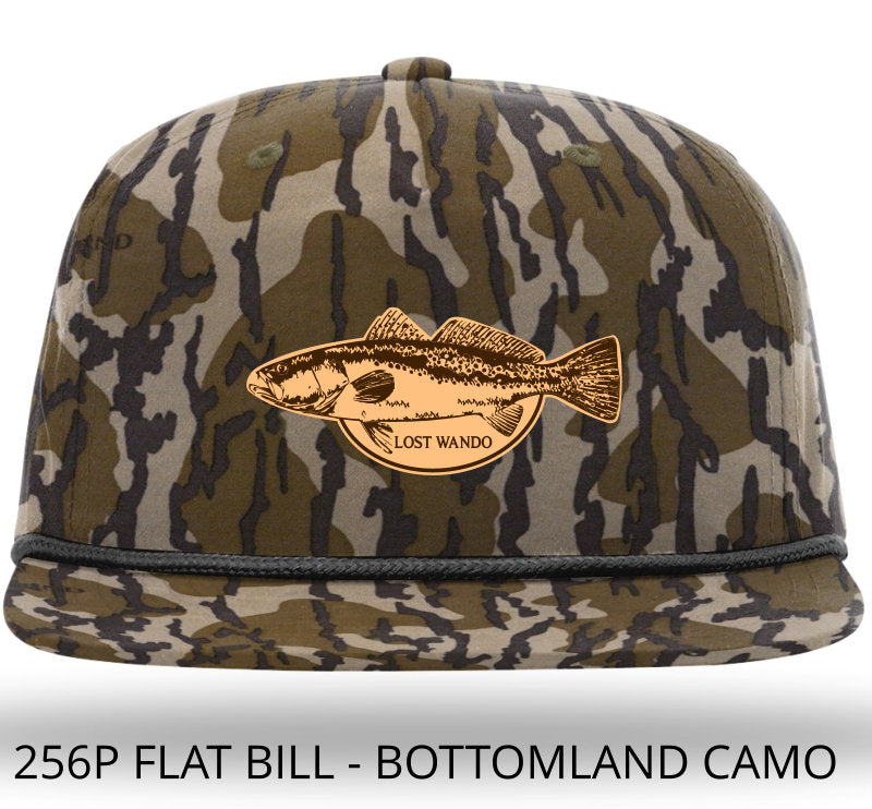 Speckled Trout Leather Patch -MossyOak BottomLand Camo with Black Braided Rope 256 Umpqua Flat Bill Richardson Hat Lost Wando Outfitters