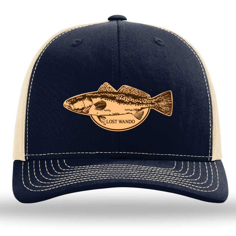 Speckled Trout Navy-Khaki Leather Patch Richardson Sports 112 Trucker Snapback Hat Lost Wando Outfitters - Lost Wando Outfitters