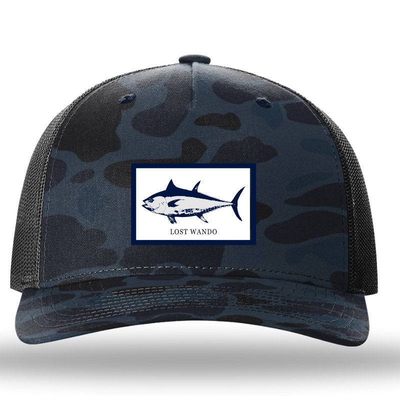 Tuna Woven Patch Admiral Blue Camo Richardson Sports 112PFP Trucker Snapback Lost Wando Outfitters - Lost Wando Outfitters