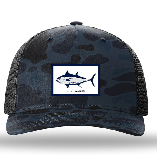 Load image into Gallery viewer, Tuna Woven Patch Admiral Blue Camo Richardson Sports 112PFP Trucker Snapback Lost Wando Outfitters
