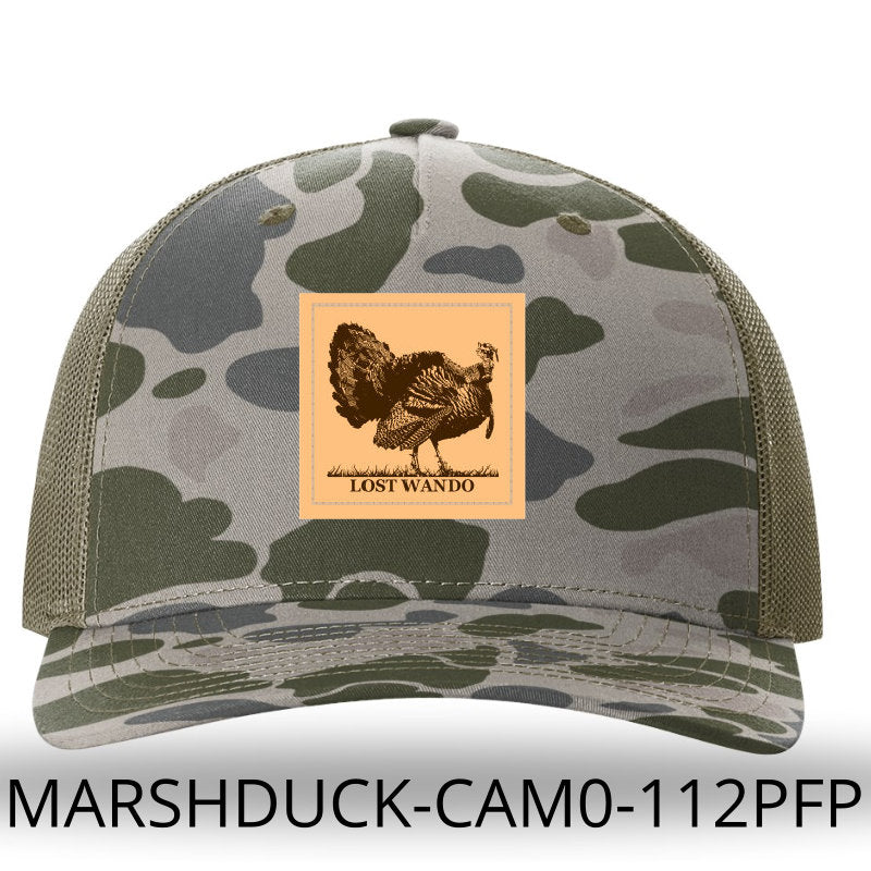 Turkey Leather Patch Marsh Duck Camo-Loden Richardson 112PFP Trucker Hat Lost Wando Outfitters - Lost Wando Outfitters