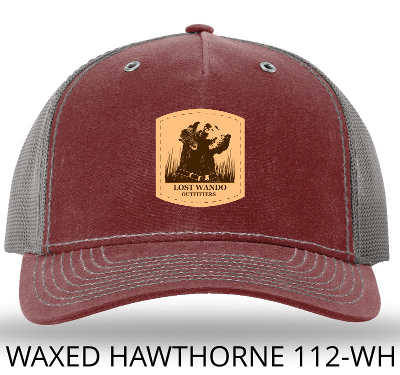 Wando Stay Leather Patch Burnt Red/Charcoal Richardson 112WH Waxed Hawthorne Rugged Snapback Trucker Hat- Lost Wando Outfitters