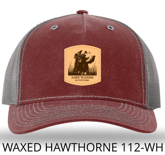 Wando Stay Leather Patch Burnt Red/Charcoal Richardson 112WH Waxed Hawthorne Rugged Snapback Trucker Hat- Lost Wando Outfitters