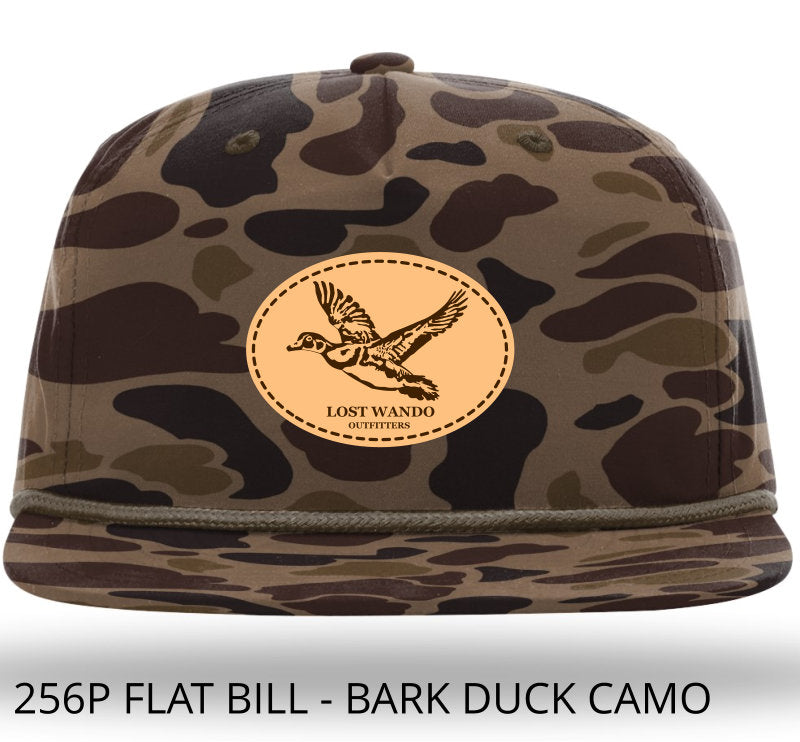 Wood Duck leather Patch -Bark Duck Camo with Brown Braided Rope 256 Umpqua Flat Bill Richardson Hat Lost Wando Outfitters