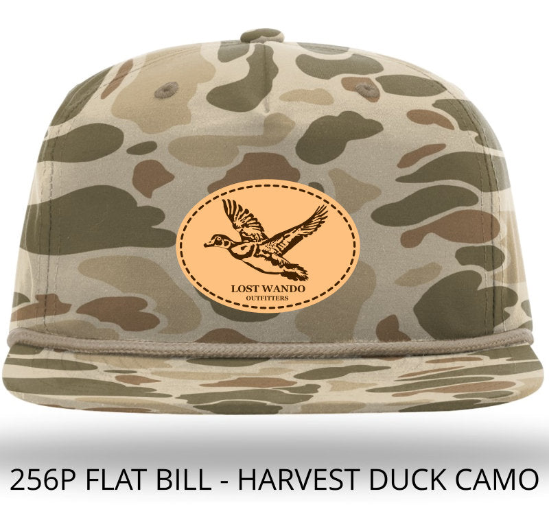 Wood Duck leather Patch -Harvest Duck Camo with Light Brown Braided Rope 256 Umpqua Flat Bill Richardson Hat Lost Wando Outfitters