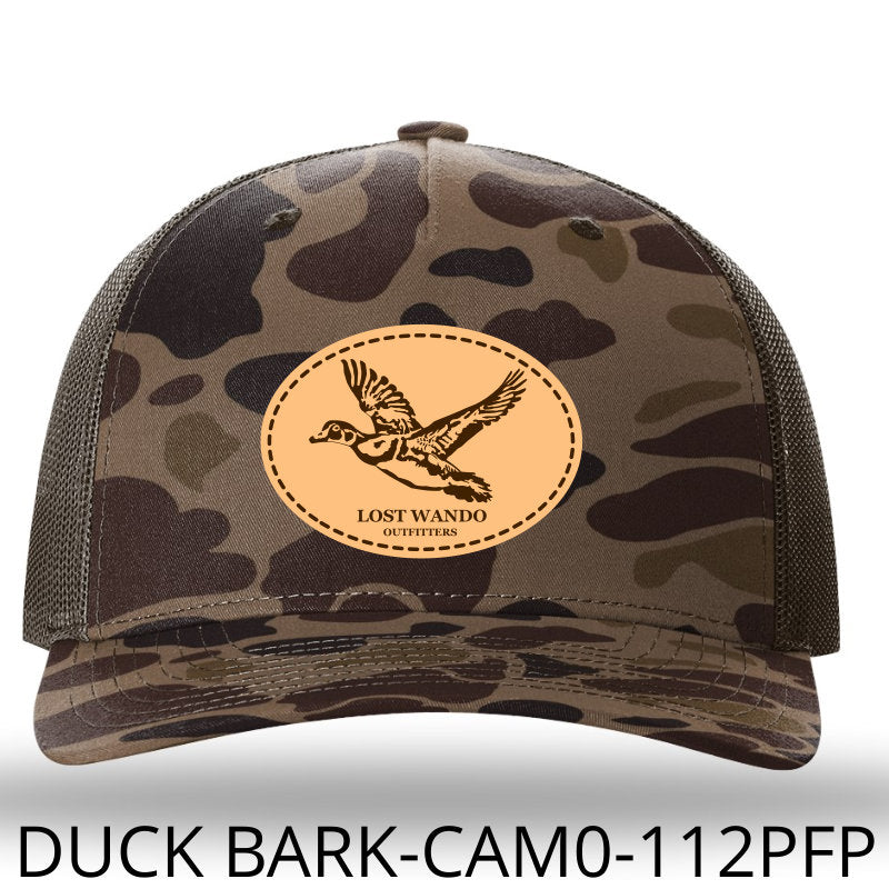 Load image into Gallery viewer, Wood Duck Bark Duck Camo-Brown Leather Patch Richardson 112PFP Hat Lost Wando Outfitters
