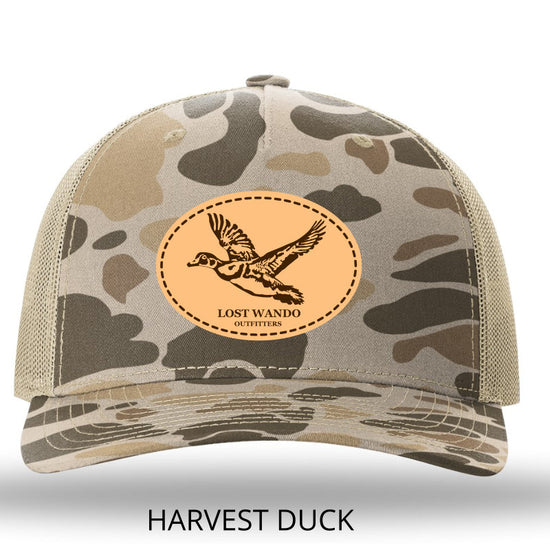 Wood Duck Leather Patch Harvest Duck Camo- Light Tan Richardson 112PFP Snapback Trucker Hat Lost Wando Outfitters