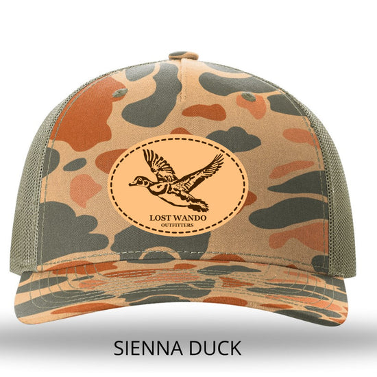 Wood Duck Leather Patch Sienna Duck Camo- Loden Richardson 112PFP Snapback Trucker Hat Lost Wando Outfitters