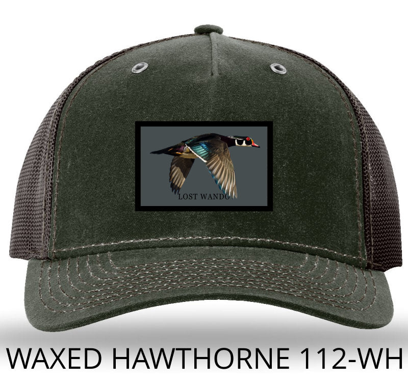 Wood Duck -Color Sublimated Patch -Dark Olive/Coffee Richardson 112WH Waxed Hawthorne Rugged Snapback Trucker Hat Lost Wando Outfitters