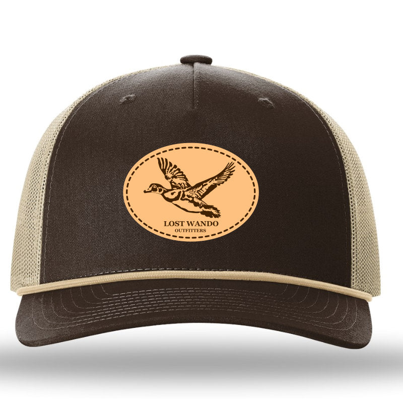 Wood Duck Leather Patch Brown-Khaki Rope Richardson 112FPR Snapback Trucker Hat Lost Wando Outfitters - Lost Wando Outfitters