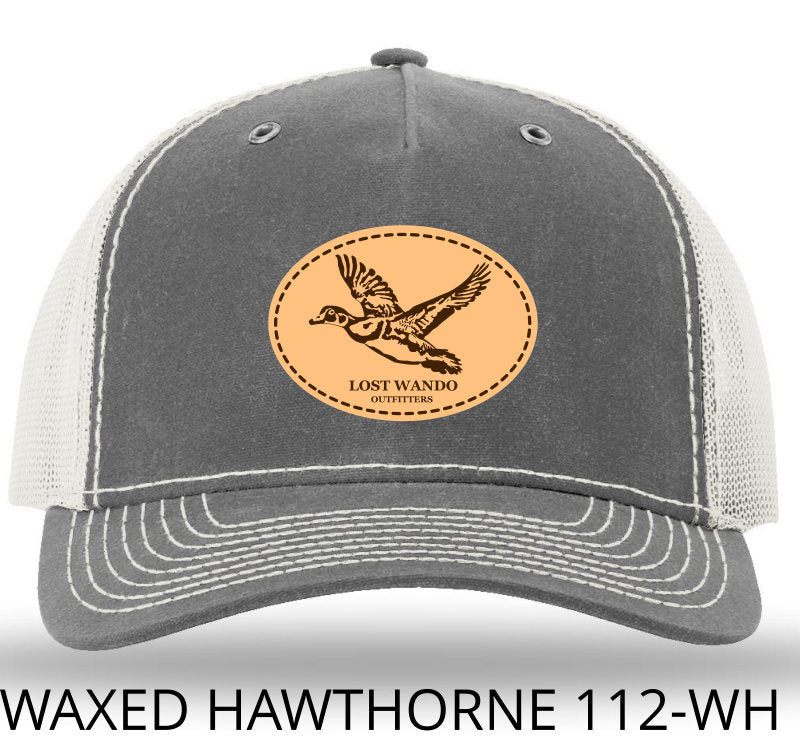 Wood Duck Leather Patch Rhino/Light Grey Richardson 112WH Waxed Hawthorne Snapback Trucker Hat Lost Wando Outfitters - Lost Wando Outfitters